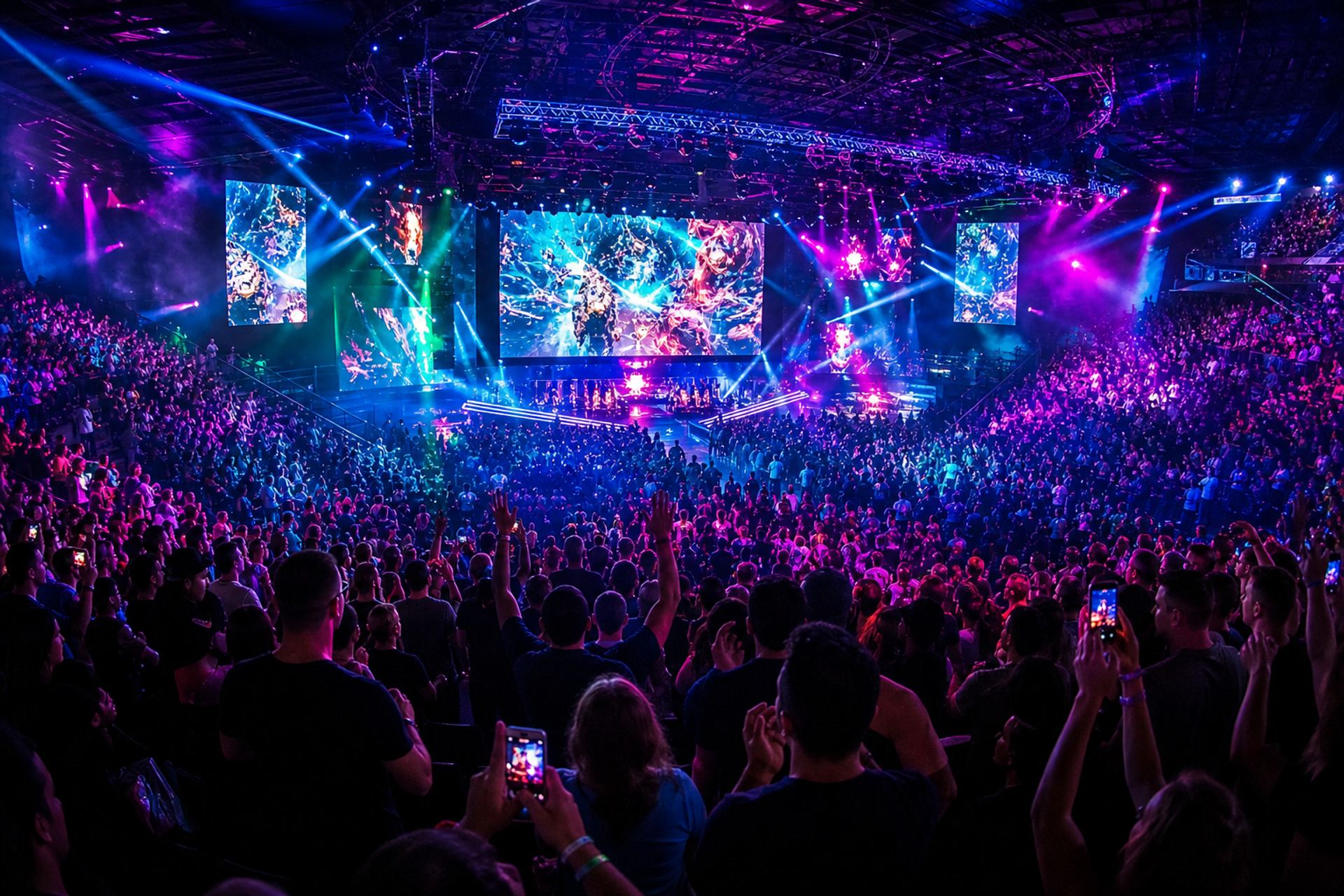 Packed HyperX Arena under neon blue and pink lights with a roaring Las Vegas crowd — Battle Loco live show energy